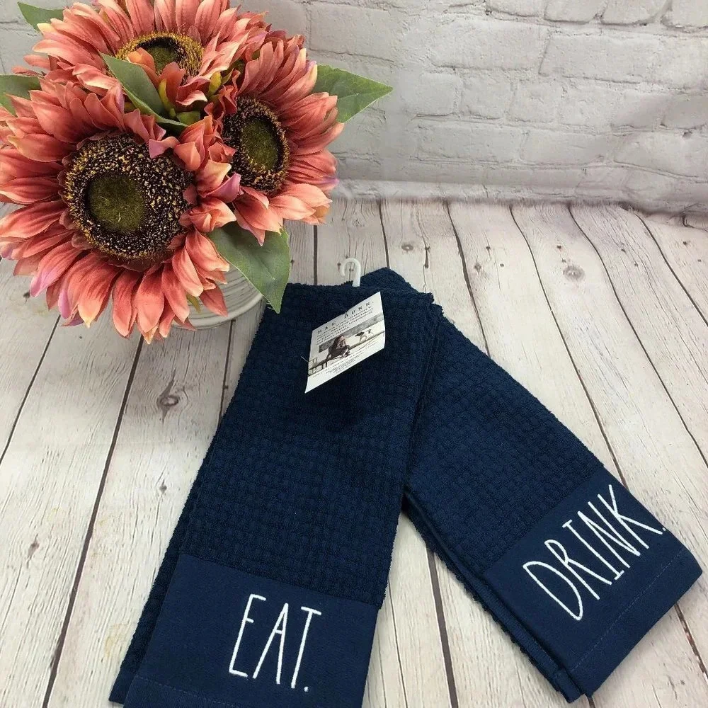 Rae Dunn EAT DRINK navy blue kitchen towel set farm house country classic